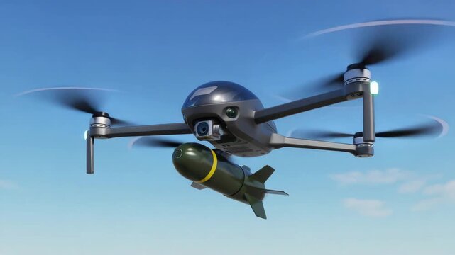 Drone with missile in flight against clear blue sky with dynamic motion blur for military technology