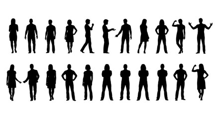 diverse collection of men and women silhouettes in various poses isolated on white perfect for representing people and human forms.