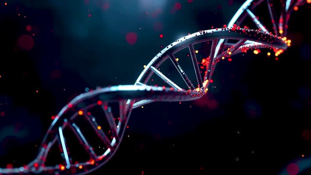 Glowing DNA double helix structure with luminous particles and molecular strands floating in dark scientific research environment