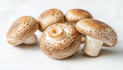 Fresh Shiitake Mushrooms with Textured Caps in Bright Clean Setting, Healthy Natural Food Advertising Concept