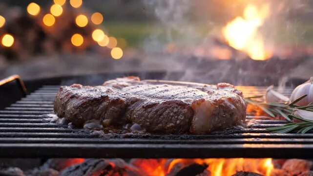 Juicy Steak Cooking Over Open Flame on Backyard Grill