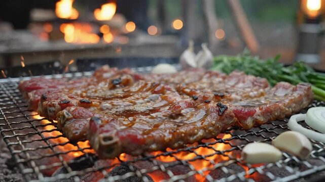 Grilled Steak Cooking Over Open Flame with Vegetables and Herbs
