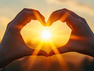 A person's hands forming a heart shape around the sun during sunset