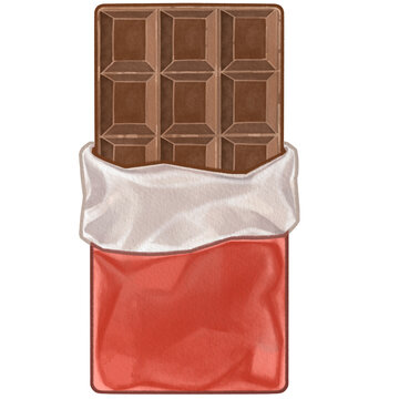 Chocolate Bar in Red Wrapper in Cute Cartoon Watercolor style