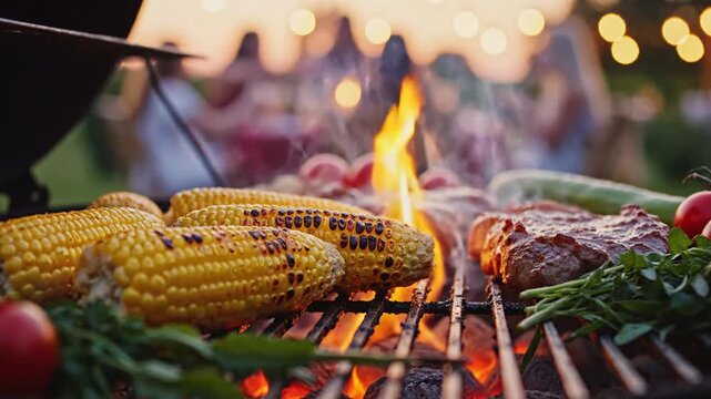 Grilled corn and steak barbecue at sunset, outdoor cooking scene