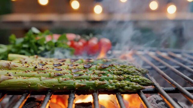 Grilled asparagus spears cooking over open flame on barbecue grill