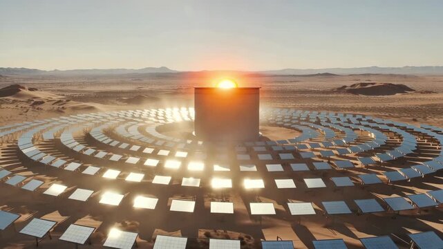 Massive Circular Array of Solar Mirrors Focusing Sunlight onto Thermal Energy Storage Tower