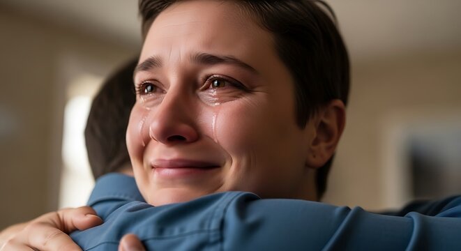 Woman crying and being embraced in a supportive hug