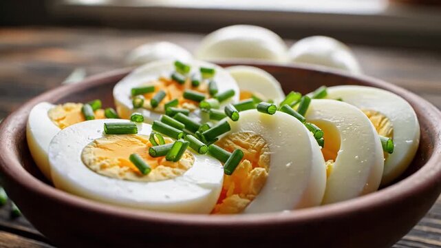 Fresh Hard-Boiled Egg Salad in a Ceramic Bowl with Garnish