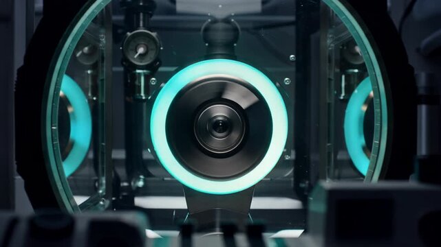 High-Speed Metallic Flywheel Spinning Flawlessly Inside a Vacuum Chamber with Glow Edges