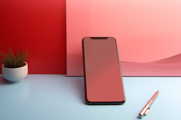 A simple desk scene with a smartphone and pen against a soft-colored background.