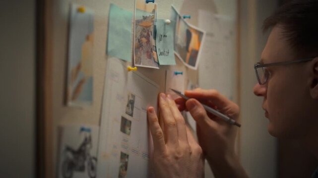 As evening falls, office worker intensely brainstorms and organizes tasks on wall covered with vibrant sticky notes, using pen to highlight crucial details and devise solutions to intricate problems