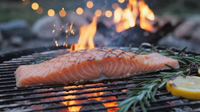 Fresh salmon fillet grilling outdoors with herbs and lemon