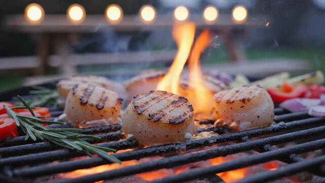 Grilled cheese and vegetable skewers cooking over open flame