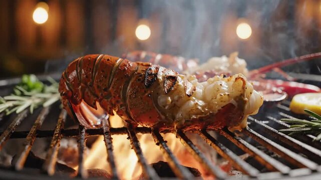Grilled lobster tail cooking on open flame at seafood restaurant