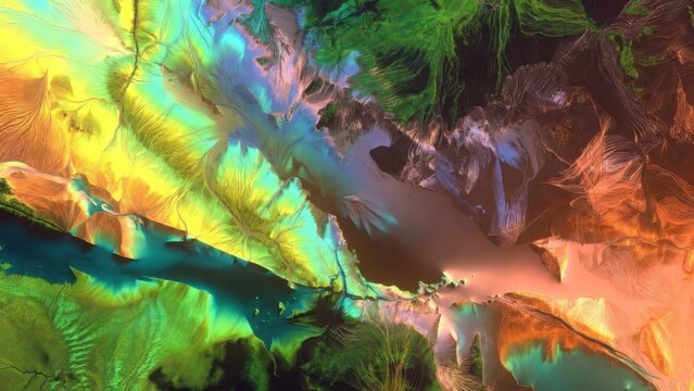 Colorful abstract terrain patterns resembling satellite mineral map.