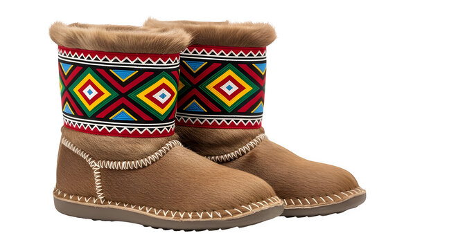 Pair of tall, fuzzy tan winter boots features highly colorful geometric bands composed of red, yellow, blue, and white diamond shapes encircling the cuffs.