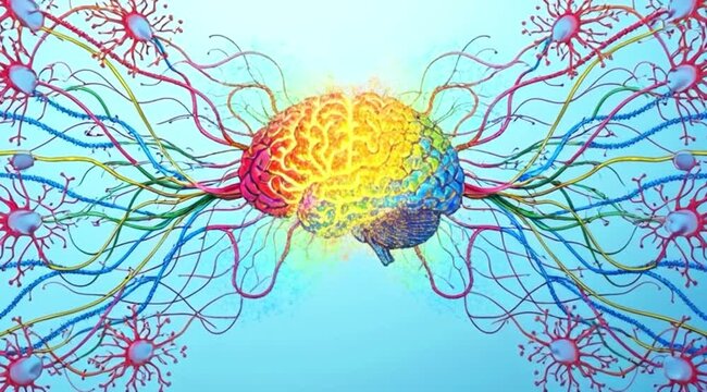 A vibrant video showcasing a brain with colorful neural connections exploding outward