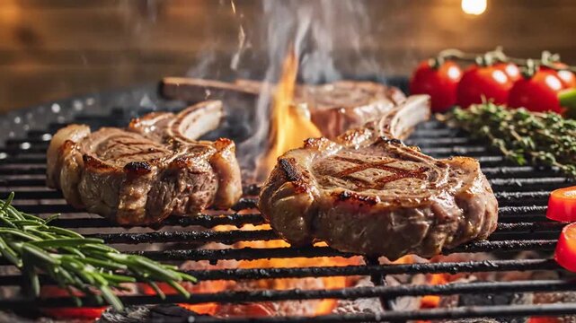 Juicy grilled steaks with fresh vegetables on barbecue grill