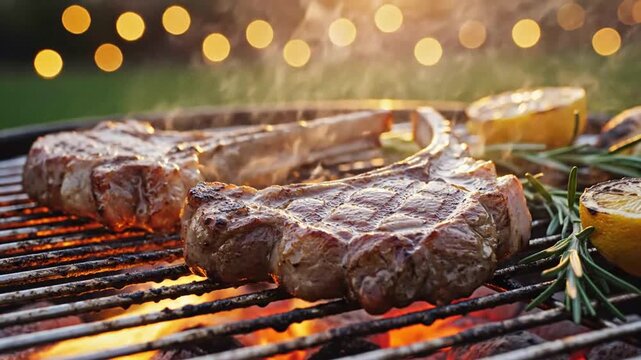 Juicy steaks grilling over open flame with herbs and lemon slices