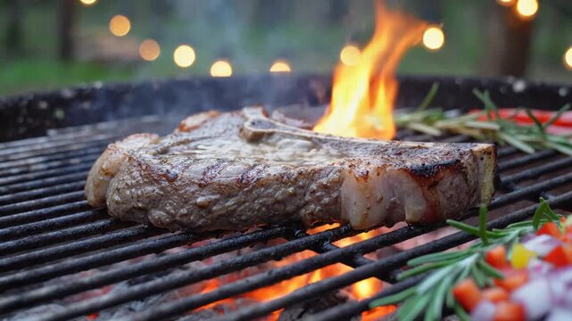 Barbecue Grilled Fish with Fresh Herbs on Open Flame