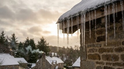 Icicles dripping from snowy roof in winter village