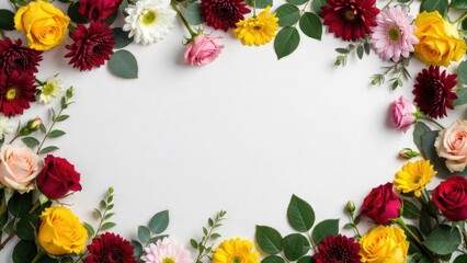 Obraz premium Yellow and red rose border surrounding white blank background.