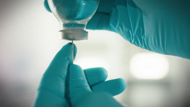 A doctor carefully pierces a medication bottle with a needle, initiating the installation of an infusion system for a patients intravenous treatment in a hospital setting