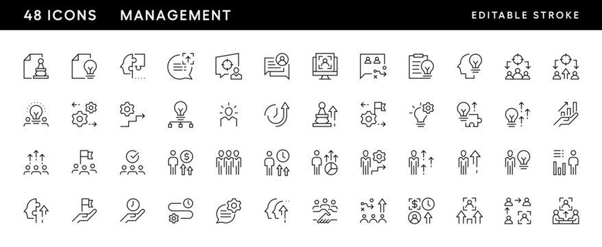 Management icon collection. Teamwork, collaboration, manager, headhunting, human resources, leadership, efficiency and more. Editable stroke. Pixel Perfect. Grid base 32 x 32.