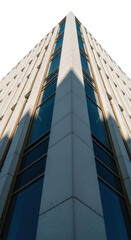 dramatic low-angle view of a contemporary high-rise building corner, textured white limestone and polished brass under harsh midday sun against cyan sky, concept of engineered precision and scale