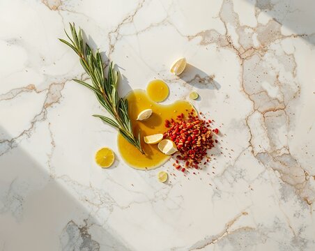 Minimalist Aesthetic Skincare Composition with Fresh Herbs, Golden Essential Oil, and Dried Seeds on White Marble Table - Natural Apothecary Concept