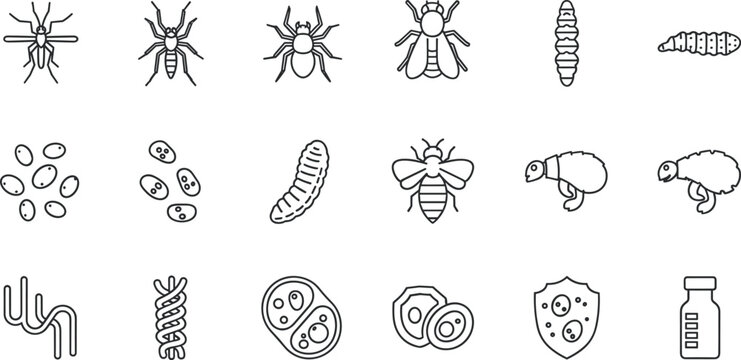 Bacteria and Parasites Icon Set &ndash; Microorganisms, Insects and Germ Line Art Vector Collection