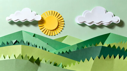 Paper Cutout Landscape: A charming and vibrant paper cutout scene of rolling hills, puffy clouds, and a radiant sun, all crafted from colorful paper, evoking a sense of tranquility and whimsy.