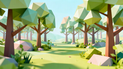 Fototapeta premium Geometric Trail of Serenity: A whimsical geometric representation of a tranquil forest trail, with stylized trees and a sense of calm leading toward the horizon.