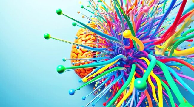 A vibrant video showcasing a brain with colorful neural connections exploding outward