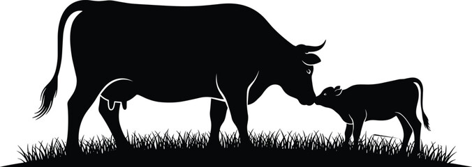 Cow and calf silhouette standing on grass, farm livestock mother and baby cattle illustration isolated on white © Asik