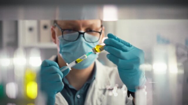 In a hospital setting, an anesthesiologist dons protective gear, including a mask, goggles, and gloves, while carefully drawing medicine from a sealed glass bottle into a syringe
