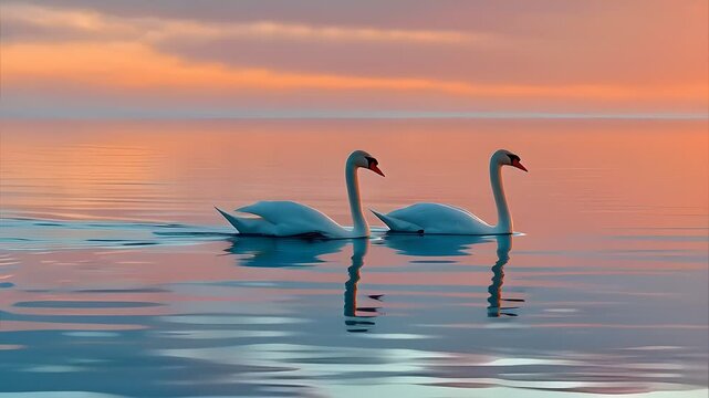 Two swans swimming side by side in calm water with a serene sunset background and warm orange hues in the sky.