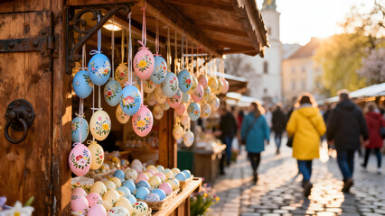 Easter Market Festivities: Festive decorations adorn a bustling market scene, capturing the essence of cultural traditions, showcasing an array of beautifully crafted eggs.