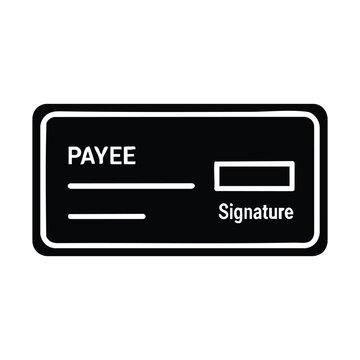 Simple black and white icon depicting a bank check with payee and signature fields clearly marked for financial transactions.