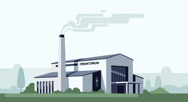 Modern crematorium building with chimney emitting smoke in minimalist urban setting with trees and clean architectural lines