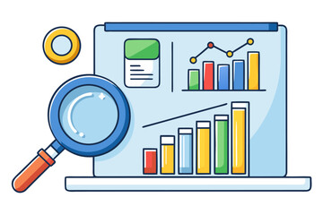 Obraz premium Data visualization concept with magnifying glass investigating graphs and charts on laptop screen for business analysis and statistics