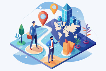 Isometric business travel concept with businessmen, world map, buildings, and location icons in a modern, abstract setting