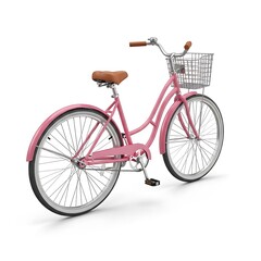A charming pink cruiser bicycle with a basket on the front