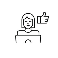 Work approval, productivity satisfaction. Woman at laptop and like. Pixel perfect, editable stroke vector icon