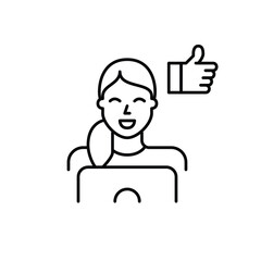 Work approval, productivity or learning satisfaction. Woman at laptop and like. Pixel perfect, editable stroke vector icon
