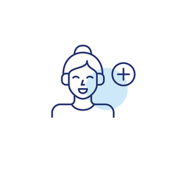 Music or podcast streaming. Woman in headphones and plus symbol. Add content to platform. Pixel perfect, editable stroke vector icon