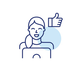Work approval, productivity or learning satisfaction. Woman at laptop and like. Pixel perfect, editable stroke vector icon