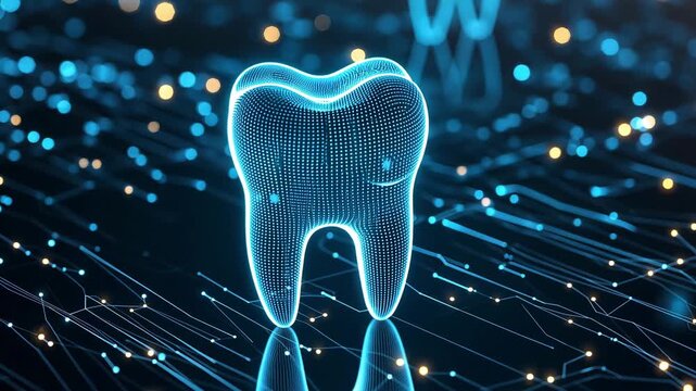 A glowing digital tooth stands out in a field of bright lines in a technology setting