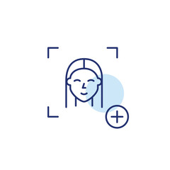 Woman user face id and plus symbol. Id setup, login update. Access granted, profile unlock. Pixel perfect, editable stroke vector icon